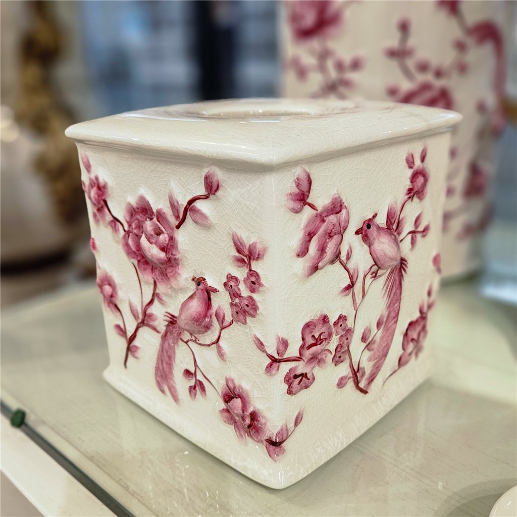 Danny's Fine Porcelain Pink and Wite Square Tissue Box Cover in Embossed Bird Pattern