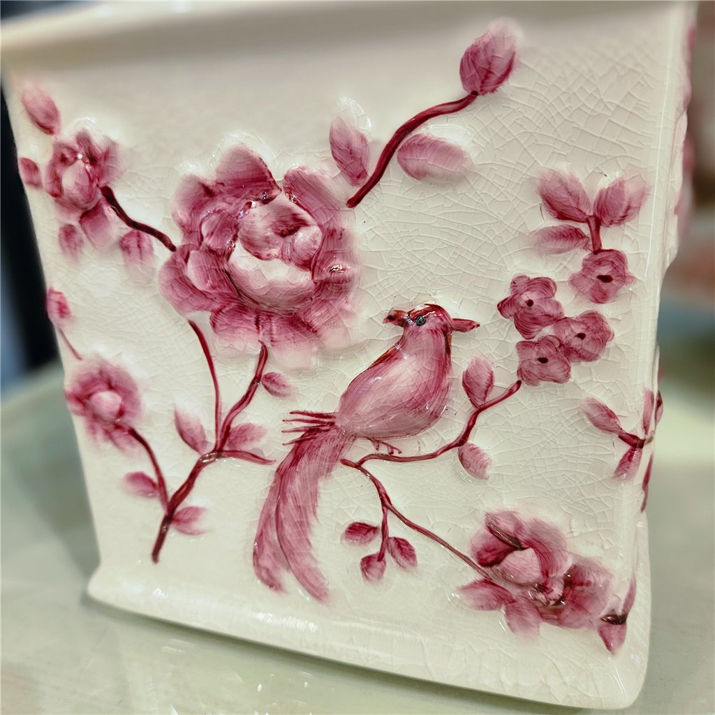 Danny's Fine Porcelain Pink and Wite Square Tissue Box Cover in Embossed Bird Pattern