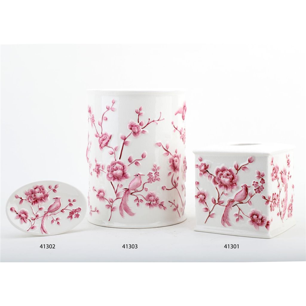 Danny's Fine Porcelain Pink and Wite Square Tissue Box Cover in Embossed Bird Pattern