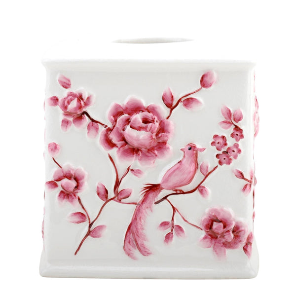 Danny's Fine Porcelain Pink and Wite Square Tissue Box Cover in Embossed Bird Pattern
