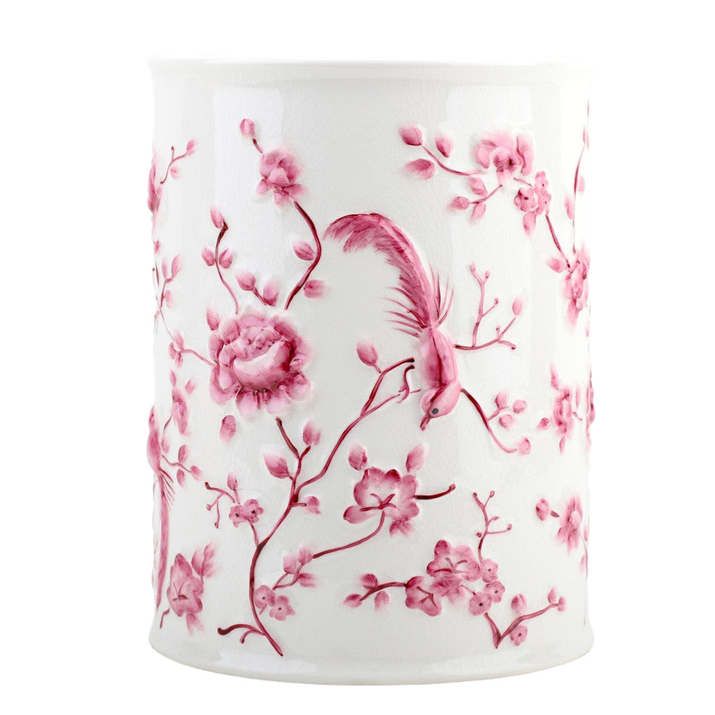Danny's Fine Porcelain Pink and White Round Waste Bin in Embossed Bird Pattern