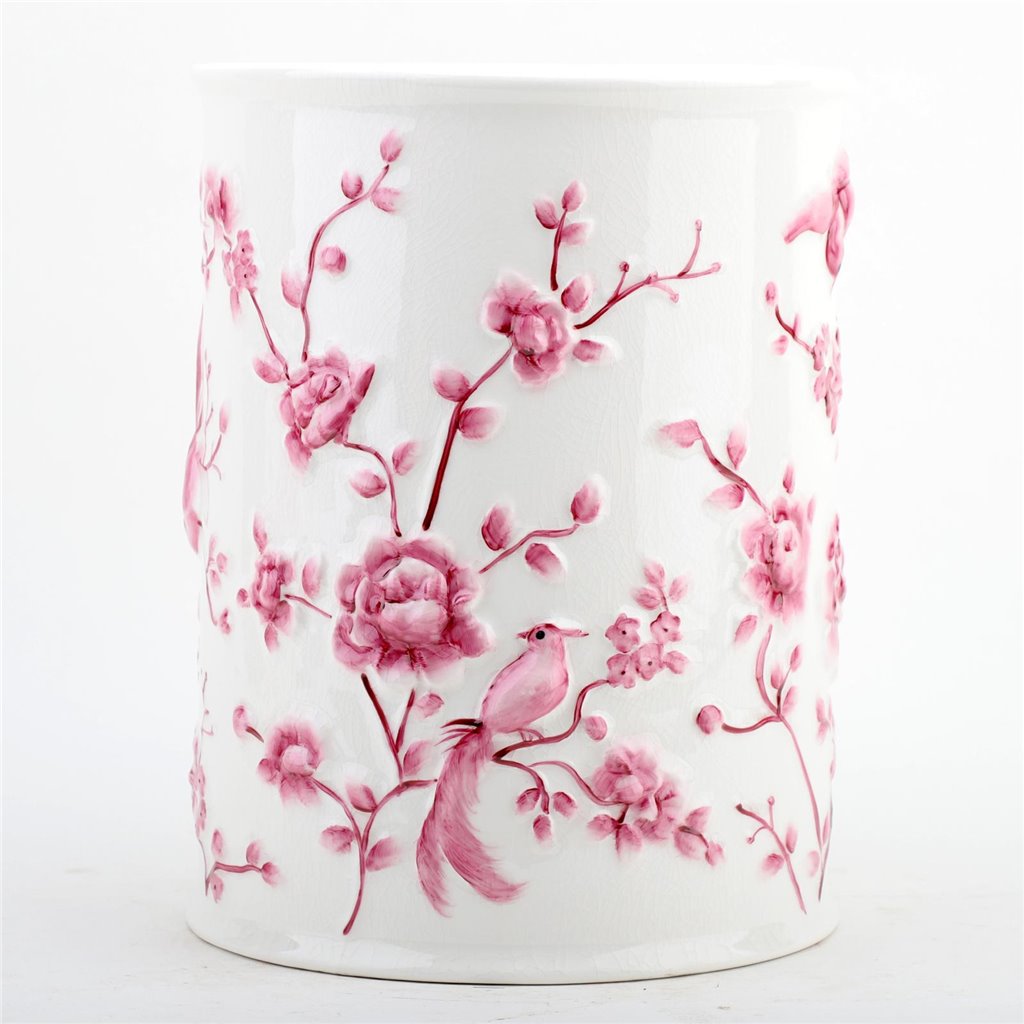 Danny's Fine Porcelain Pink and White Round Waste Bin in Embossed Bird Pattern