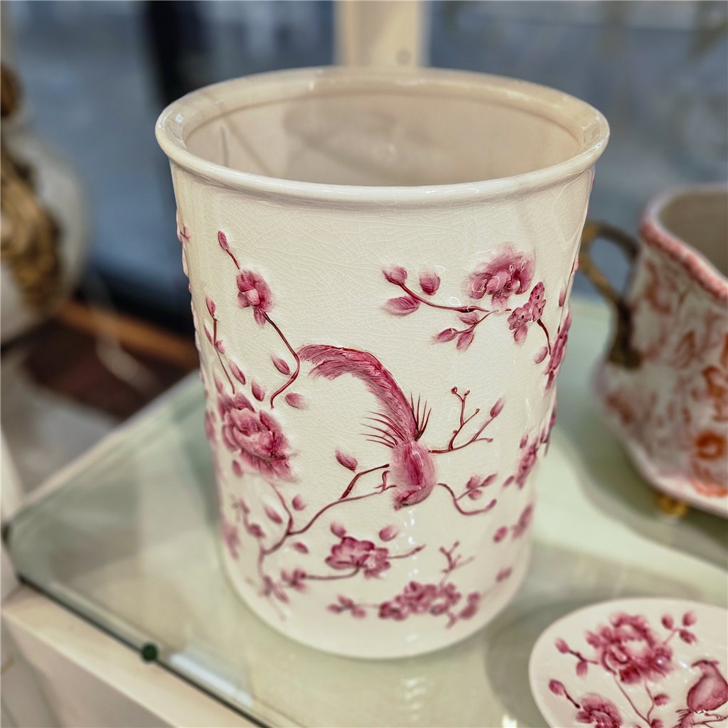 Danny's Fine Porcelain Pink and White Round Waste Bin in Embossed Bird Pattern