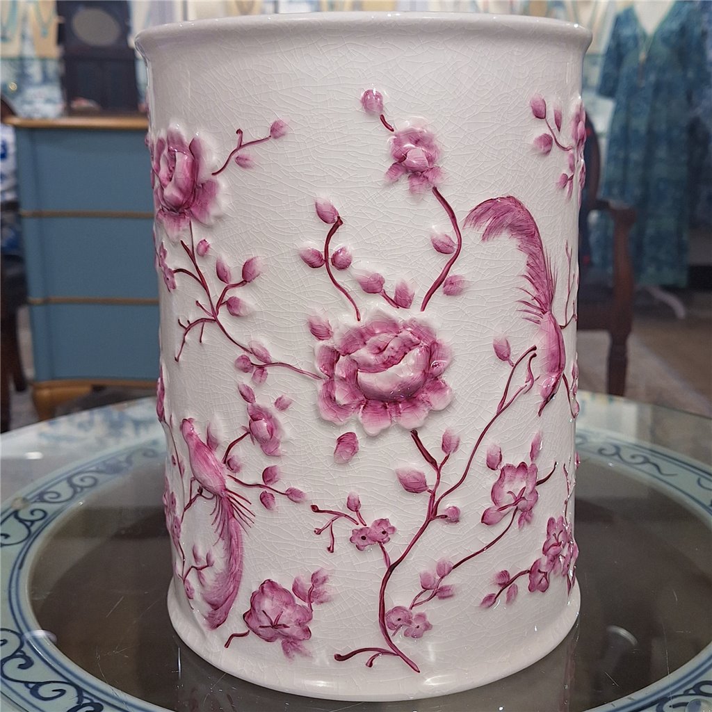 Danny's Fine Porcelain Pink and White Round Waste Bin in Embossed Bird Pattern