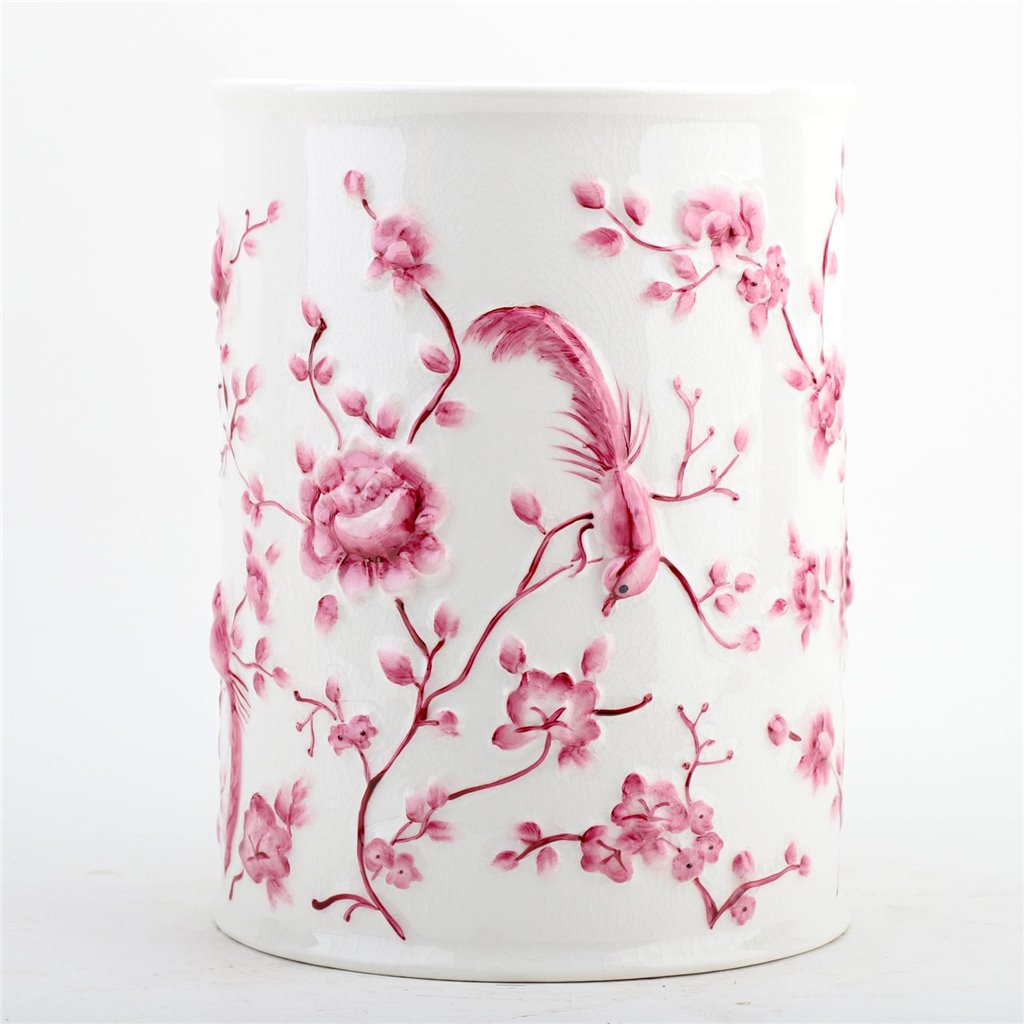 Danny's Fine Porcelain Pink and White Round Waste Bin in Embossed Bird Pattern