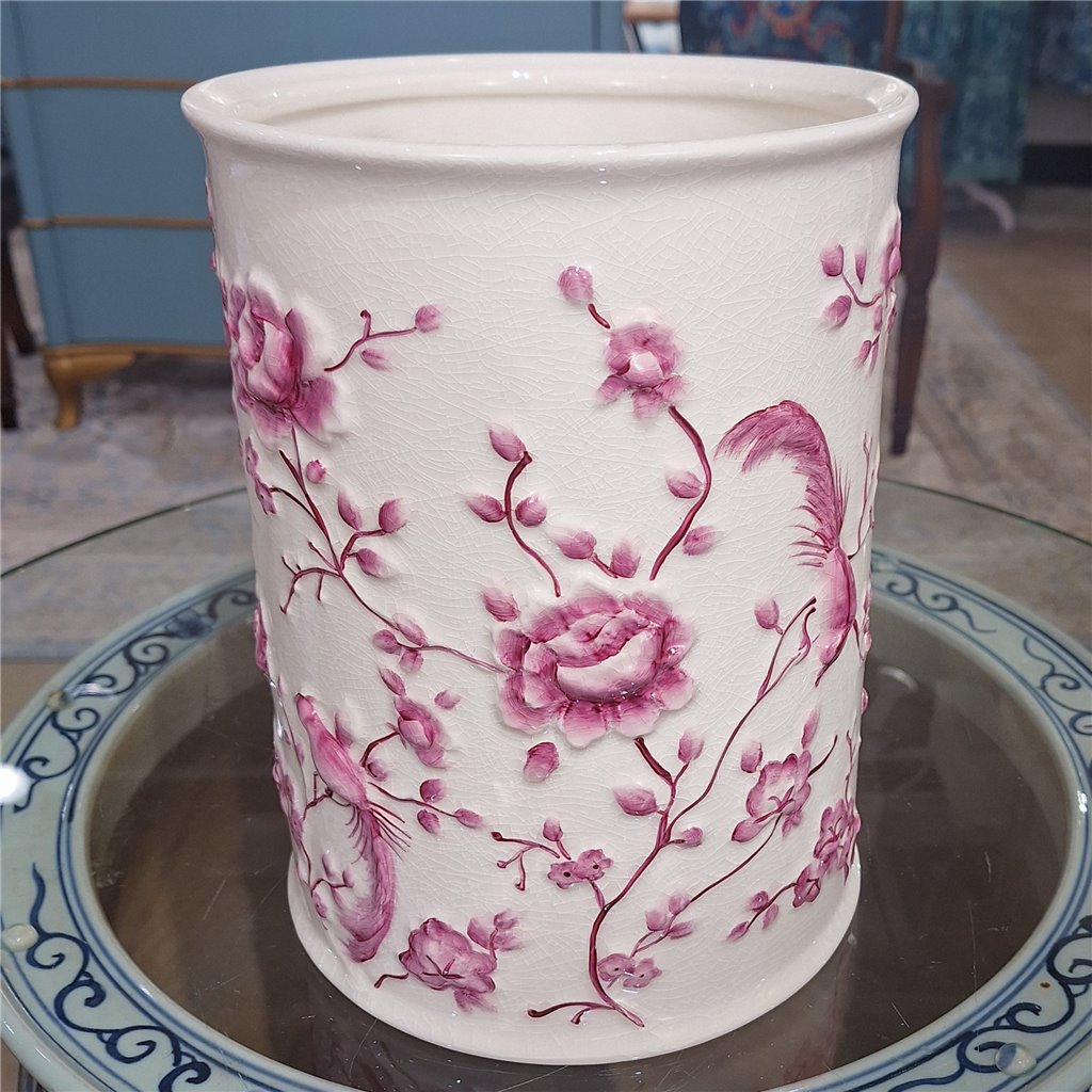 Danny's Fine Porcelain Pink and White Round Waste Bin in Embossed Bird Pattern