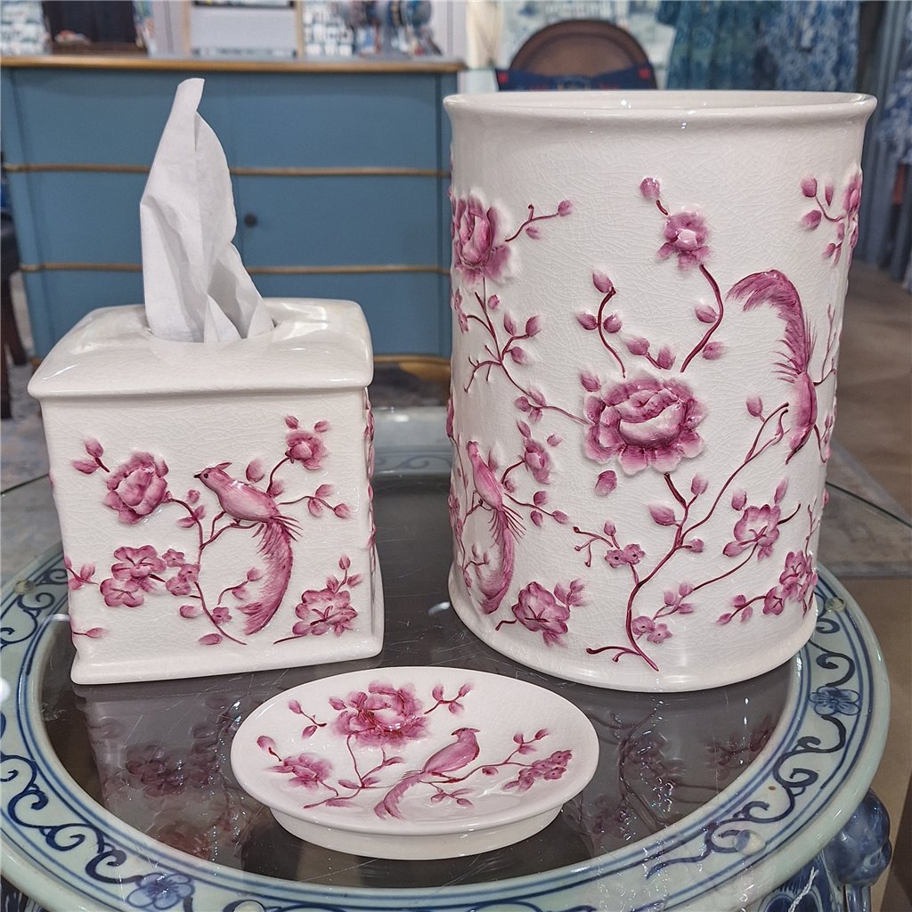 Danny's Fine Porcelain Pink and White Round Waste Bin in Embossed Bird Pattern