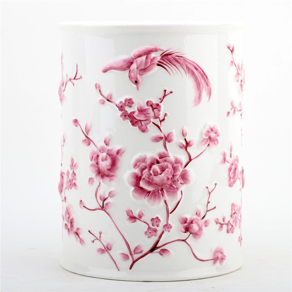 Danny's Fine Porcelain Pink and White Round Waste Bin in Embossed Bird Pattern