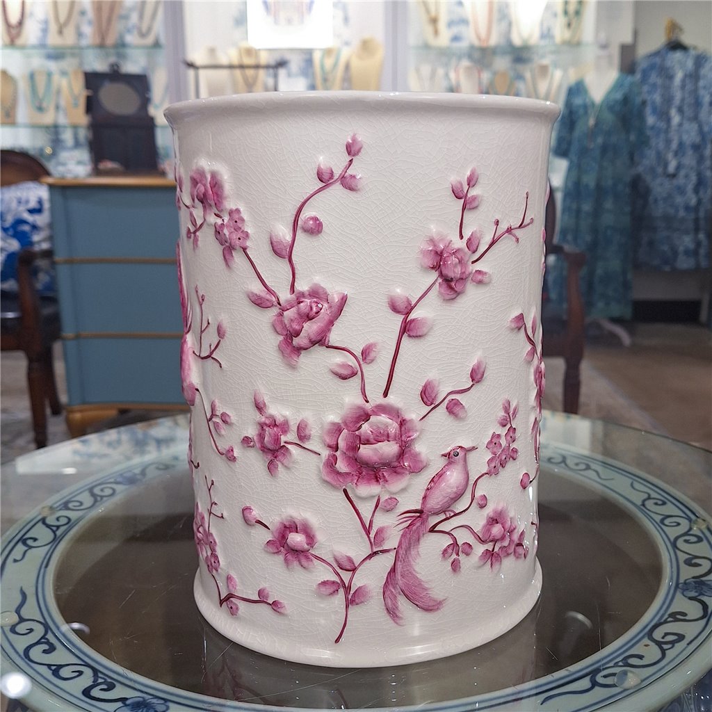 Danny's Fine Porcelain Pink and White Round Waste Bin in Embossed Bird Pattern
