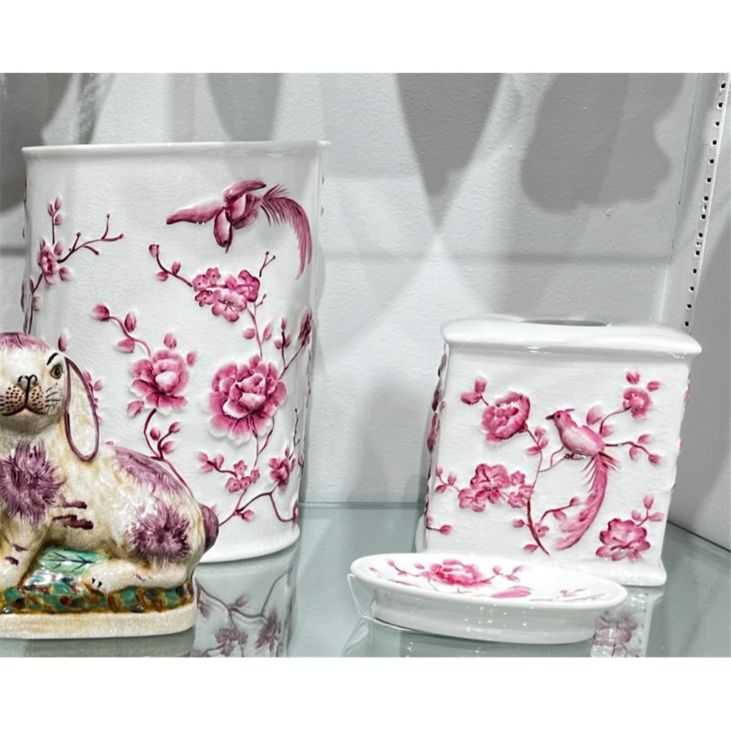 Danny's Fine Porcelain Pink and White Round Waste Bin in Embossed Bird Pattern