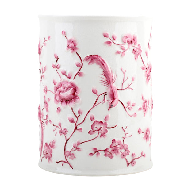 Danny's Fine Porcelain Pink and White Round Waste Bin in Embossed Bird Pattern