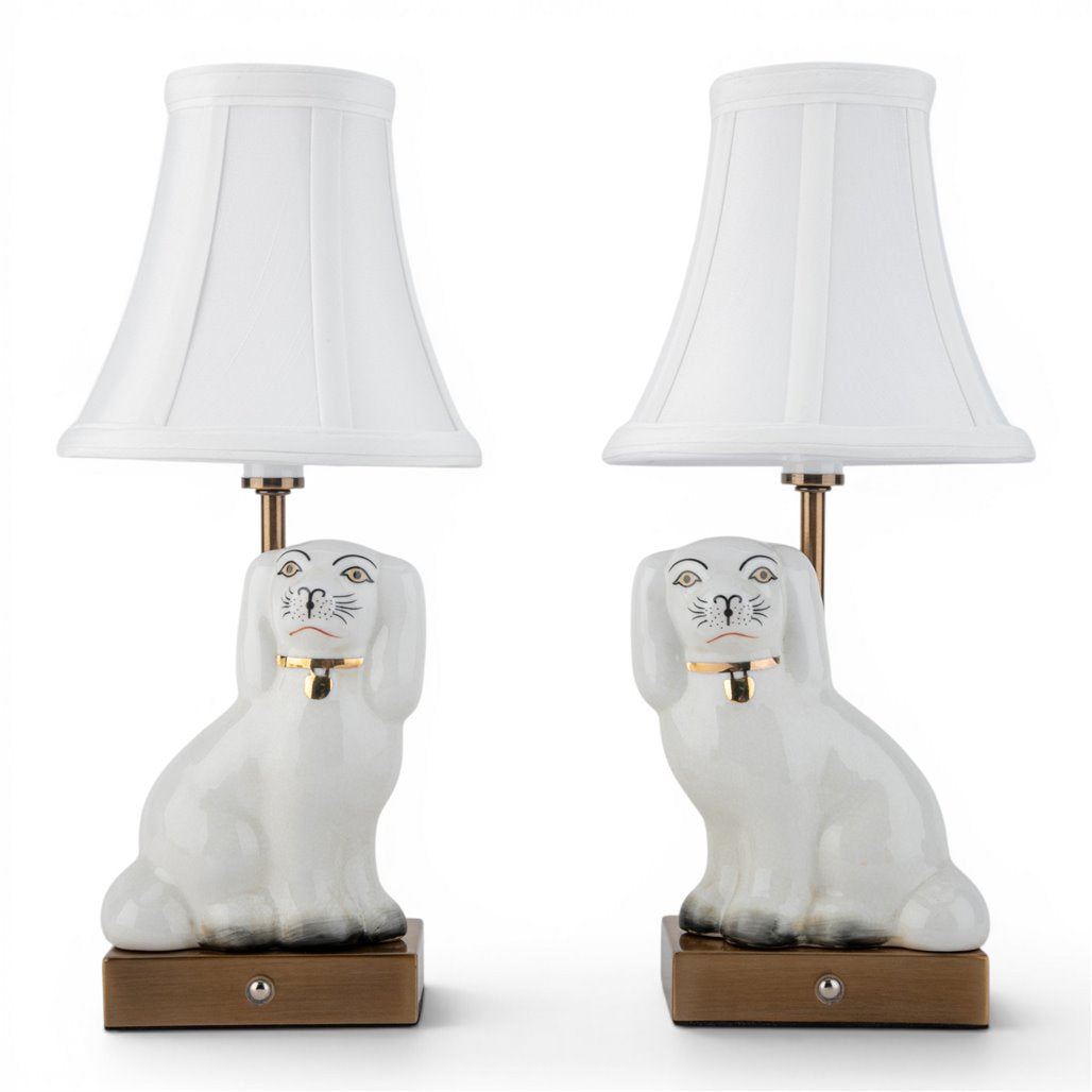 Danny's Fine Porcelain Cordless Battery Rechargable Touch Lamp -White Cream Dog-Pair - Left and Right