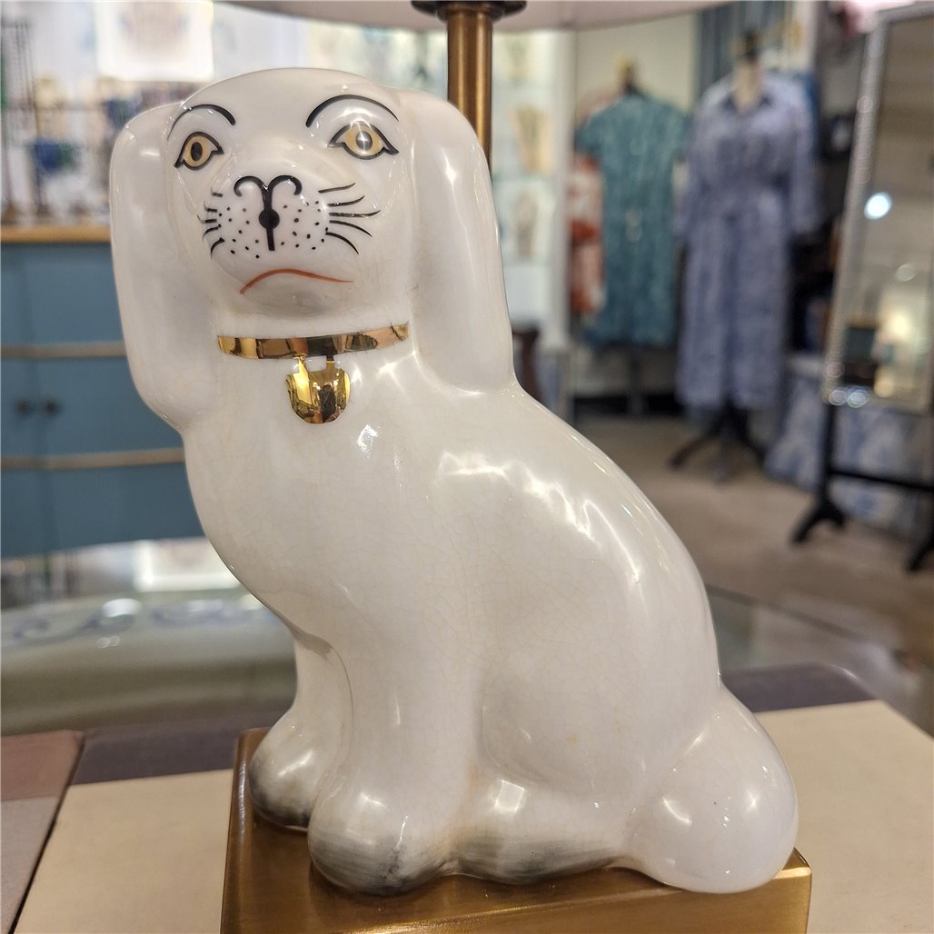 Danny's Fine Porcelain Cordless Battery Rechargable Touch Lamp -White Cream Dog-Pair - Left and Right