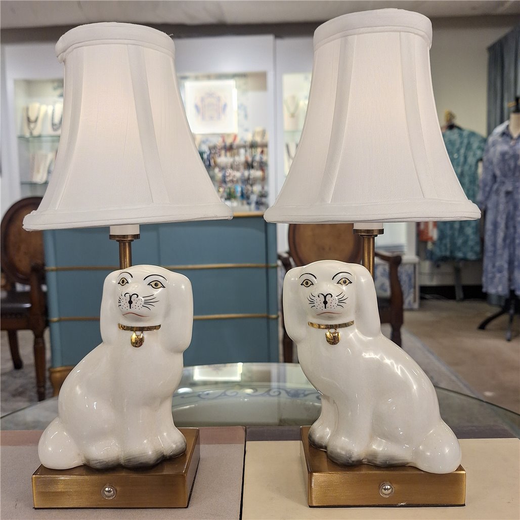 Danny's Fine Porcelain Cordless Battery Rechargable Touch Lamp -White Cream Dog-Pair - Left and Right