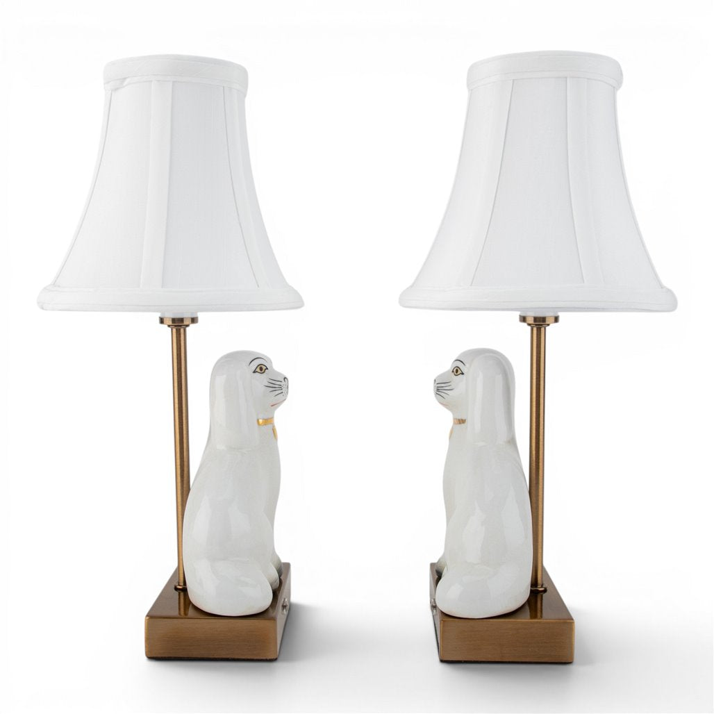Danny's Fine Porcelain Cordless Battery Rechargable Touch Lamp -White Cream Dog-Pair - Left and Right