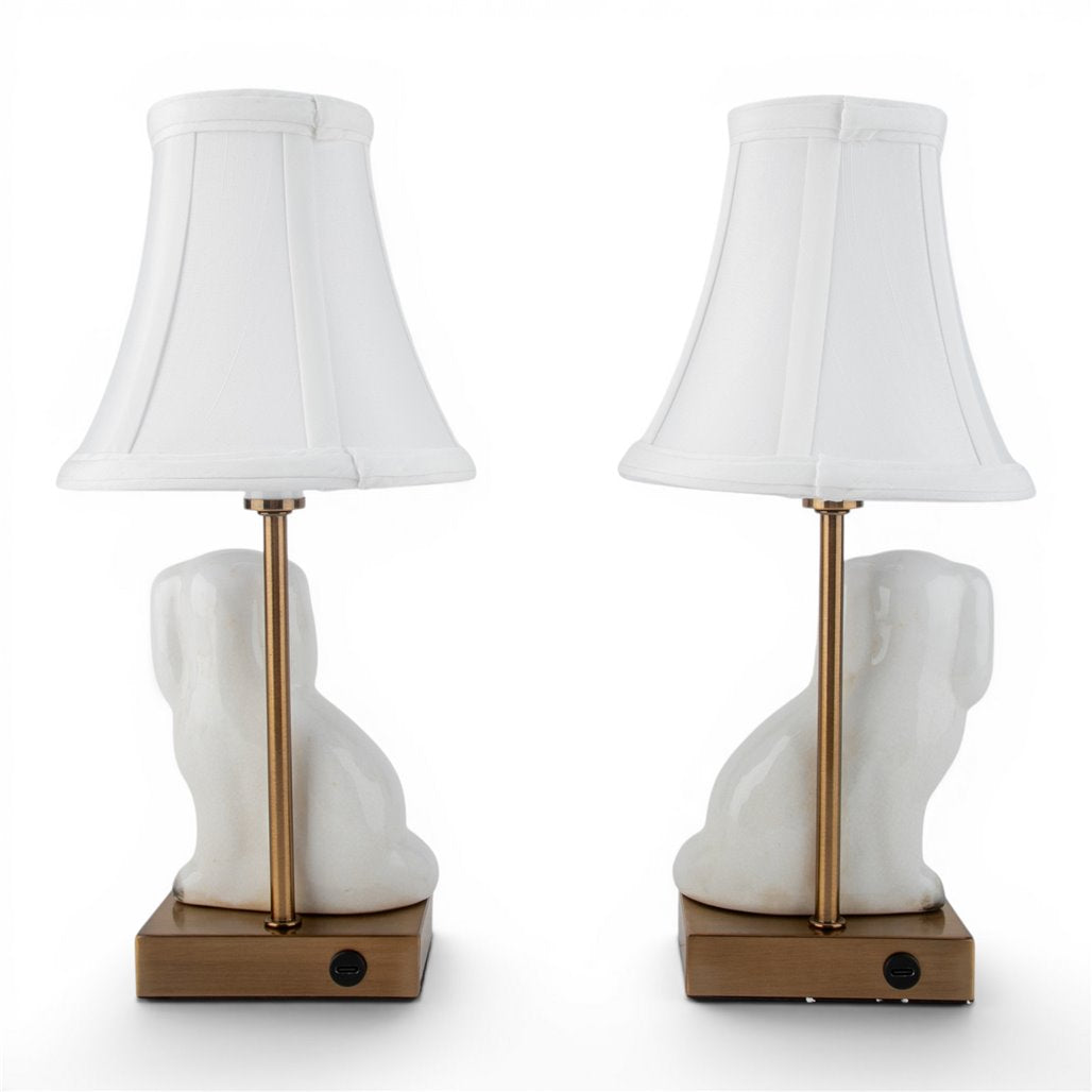 Danny's Fine Porcelain Cordless Battery Rechargable Touch Lamp -White Cream Dog-Pair - Left and Right