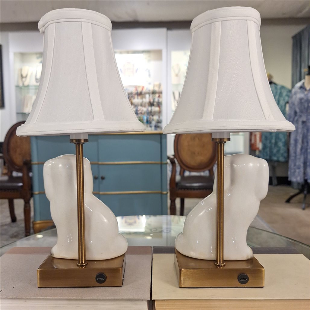 Danny's Fine Porcelain Cordless Battery Rechargable Touch Lamp -White Cream Dog-Pair - Left and Right