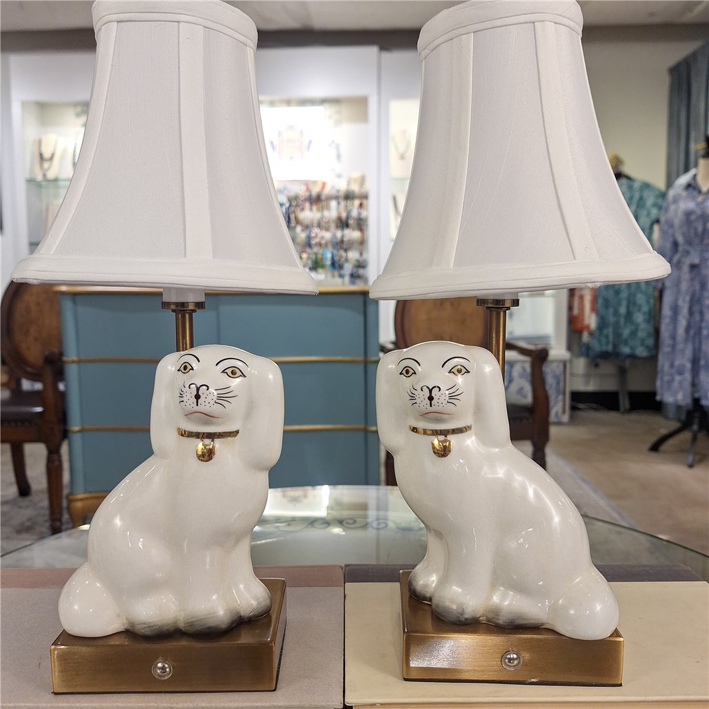 Danny's Fine Porcelain Cordless Battery Rechargable Touch Lamp -White Cream Dog-Pair - Left and Right