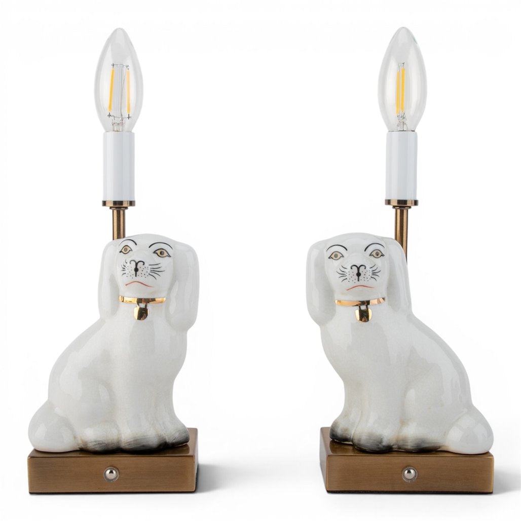 Danny's Fine Porcelain Cordless Battery Rechargable Touch Lamp -White Cream Dog-Pair - Left and Right