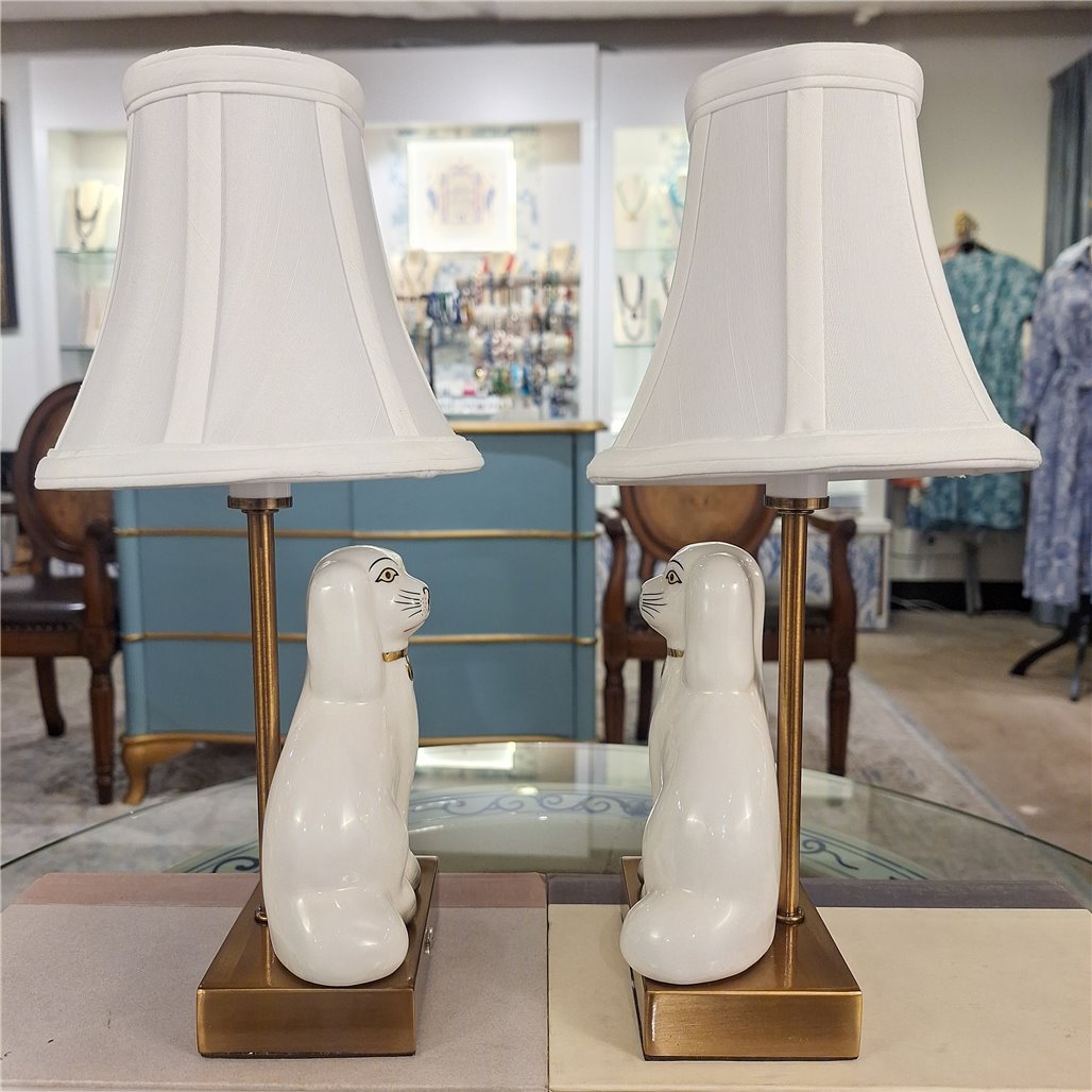 Danny's Fine Porcelain Cordless Battery Rechargable Touch Lamp -White Cream Dog-Pair - Left and Right