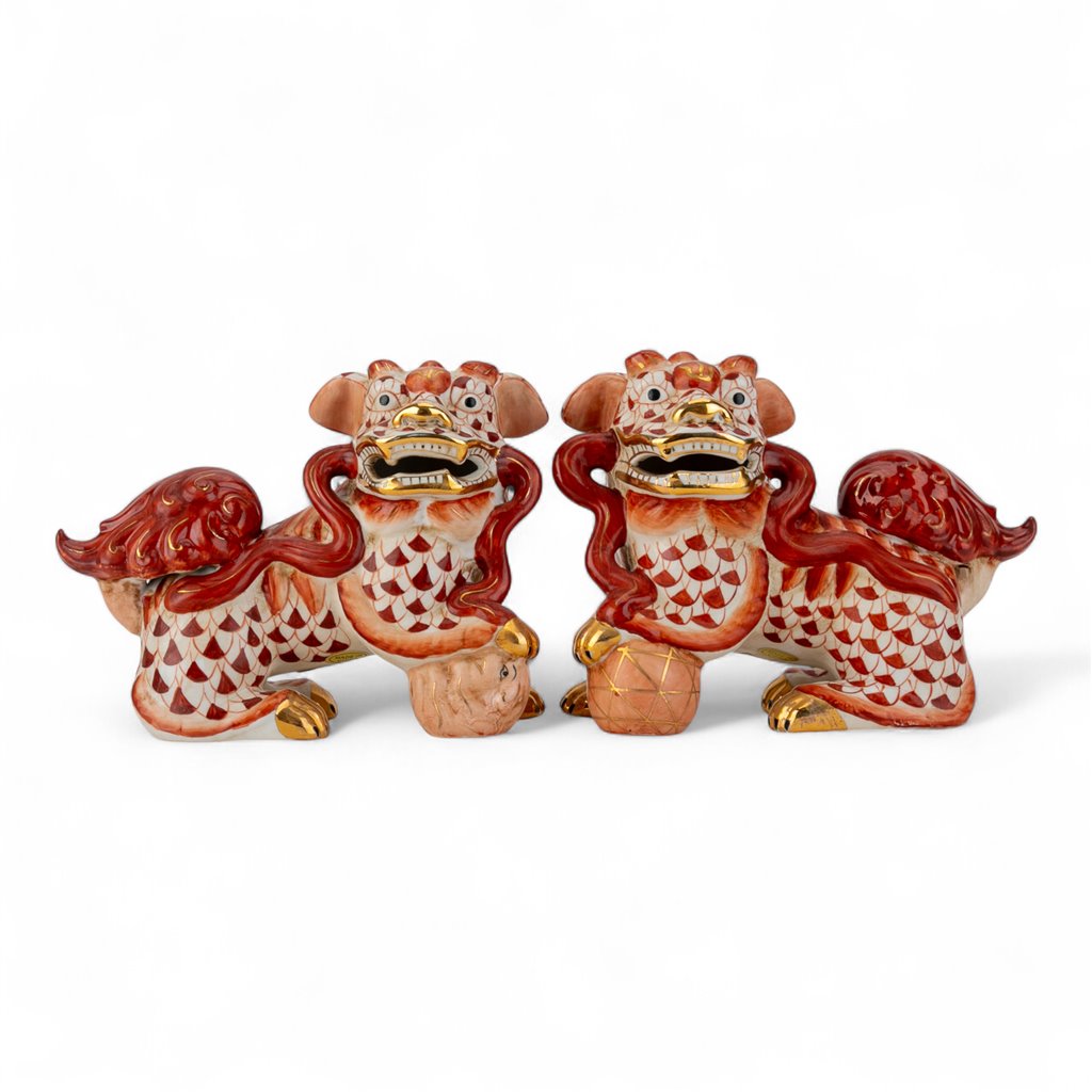 Danny's Fine Porcelain Pair of Bigger Lucky Foo Dog-Vermillion Waves