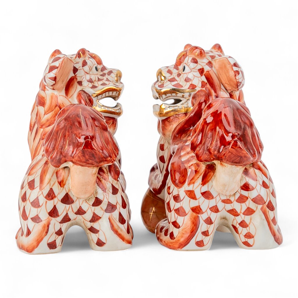 Danny's Fine Porcelain Pair of Bigger Lucky Foo Dog-Vermillion Waves