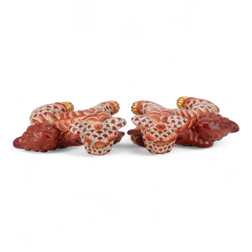 Danny's Fine Porcelain Pair of Bigger Lucky Foo Dog-Vermillion Waves