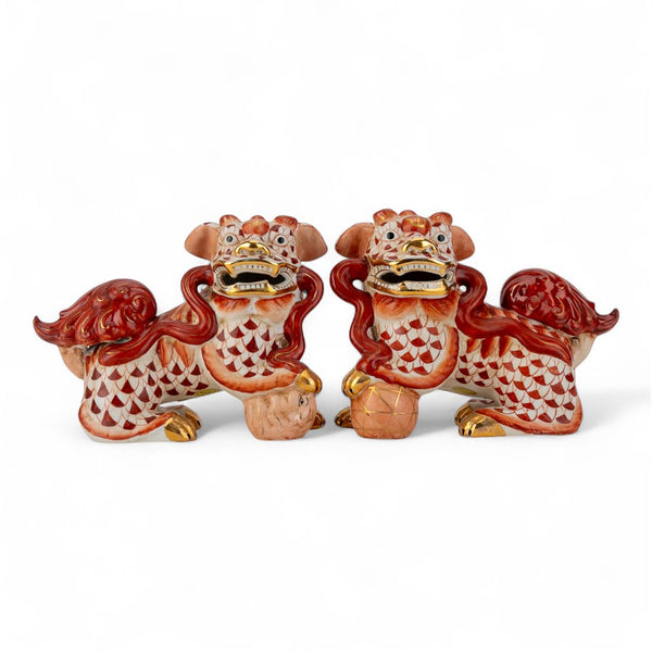 Danny's Fine Porcelain Pair of Bigger Lucky Foo Dog-Vermillion Waves