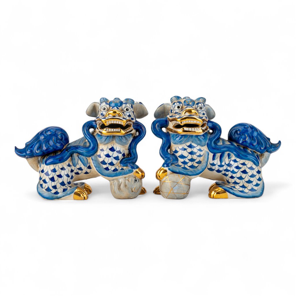 Danny's Fine Porcelain Pair of Bigger Lucky Foo Dog-Azure Waves