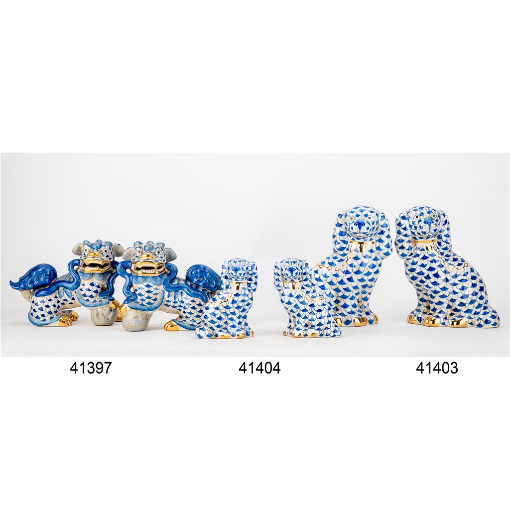 Danny's Fine Porcelain Pair of Bigger Lucky Foo Dog-Azure Waves