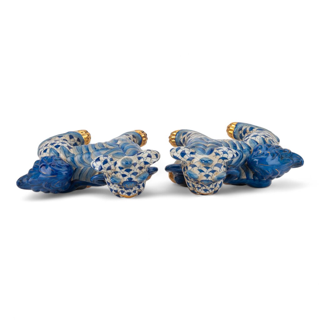 Danny's Fine Porcelain Pair of Bigger Lucky Foo Dog-Azure Waves