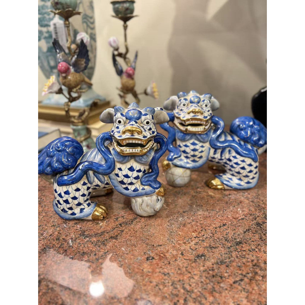 Danny's Fine Porcelain Pair of Bigger Lucky Foo Dog-Azure Waves