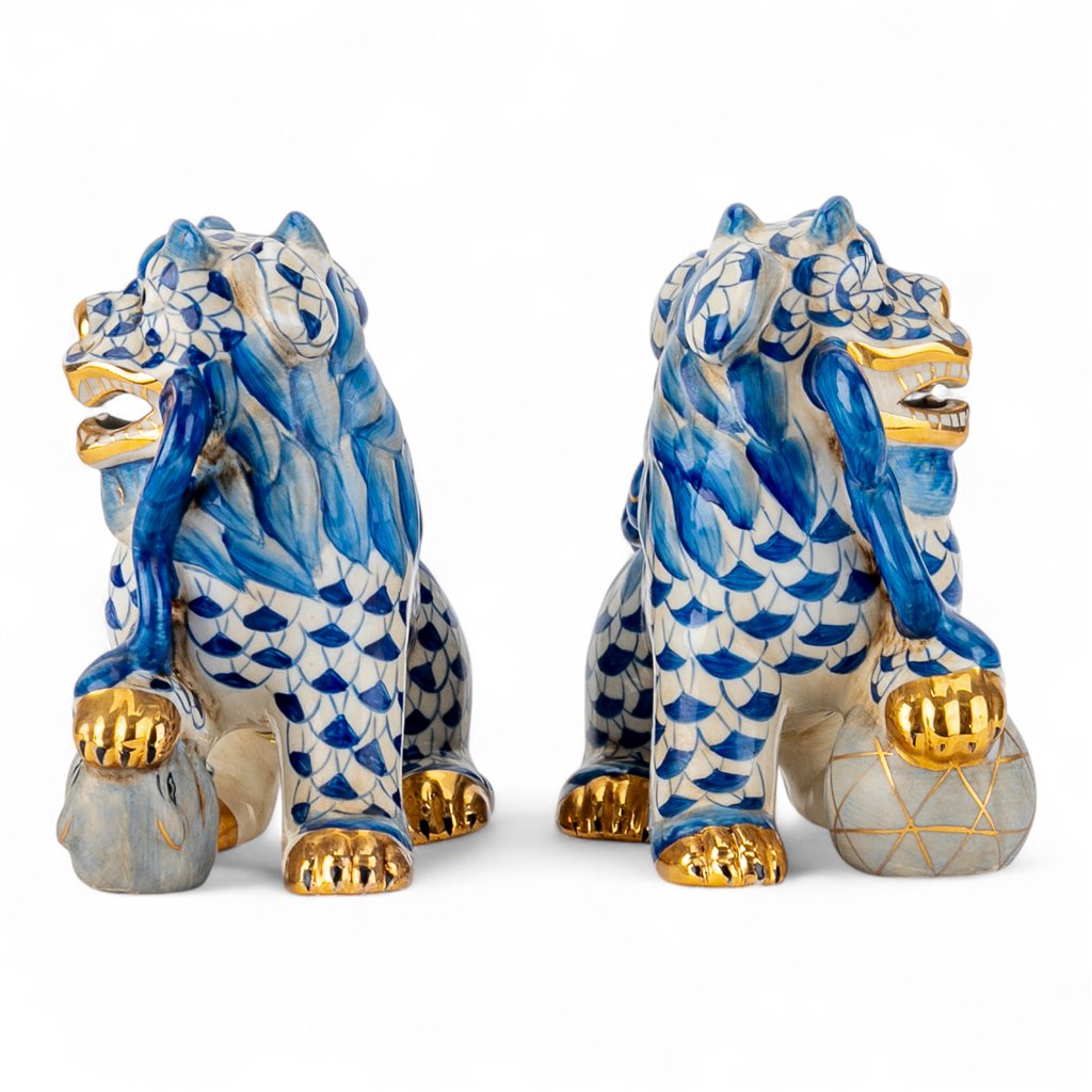 Danny's Fine Porcelain Pair of Bigger Lucky Foo Dog-Azure Waves