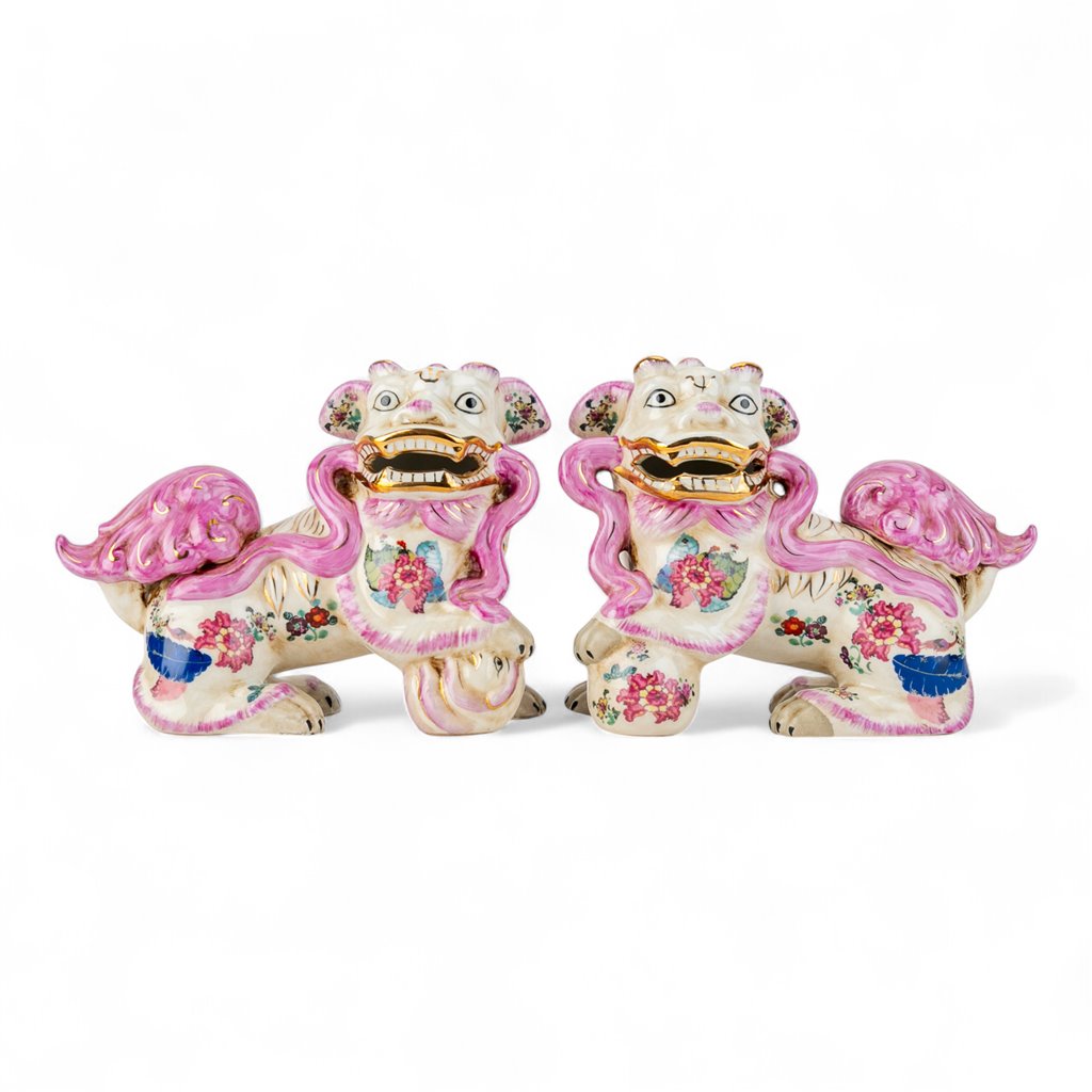 Danny's Fine Porcelain Pair of Bigger Lucky Foo Dog-Pink Tobacco Leaf
