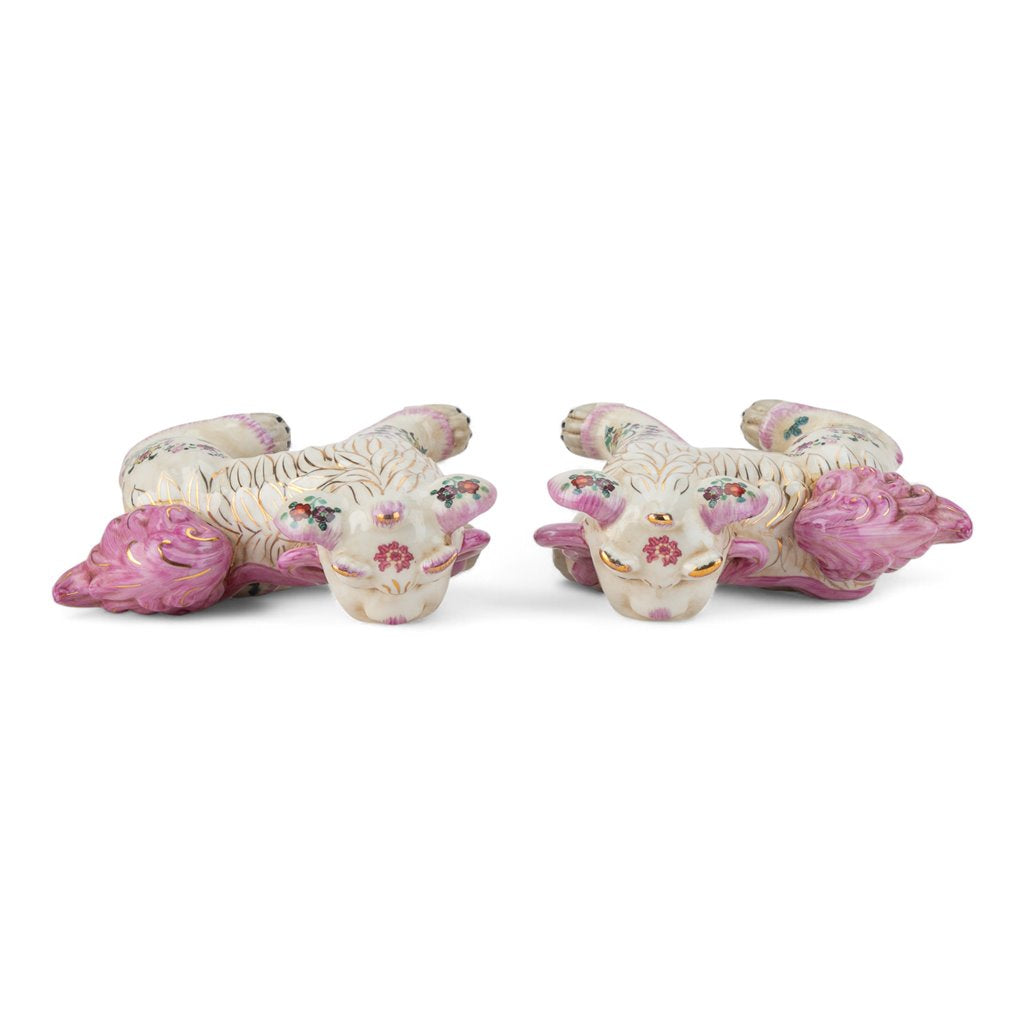 Danny's Fine Porcelain Pair of Bigger Lucky Foo Dog-Pink Tobacco Leaf