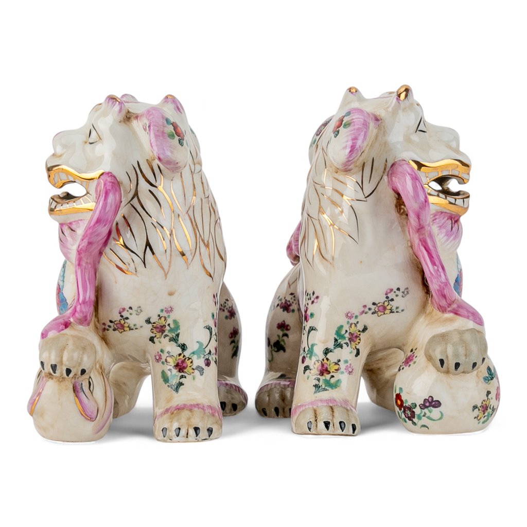 Danny's Fine Porcelain Pair of Bigger Lucky Foo Dog-Pink Tobacco Leaf