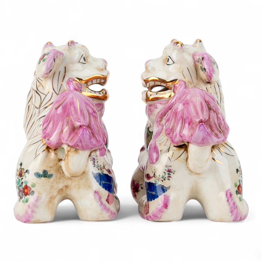 Danny's Fine Porcelain Pair of Bigger Lucky Foo Dog-Pink Tobacco Leaf