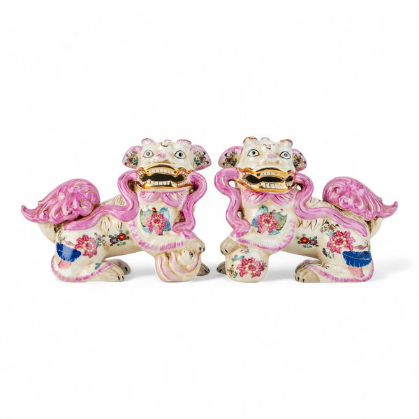 Danny's Fine Porcelain Pair of Bigger Lucky Foo Dog-Pink Tobacco Leaf