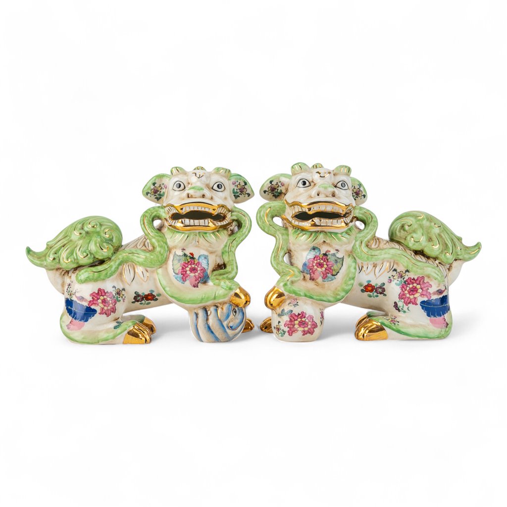 Danny's Fine Porcelain Pair of Bigger Lucky Foo Dog-Green Tobacco Leaf