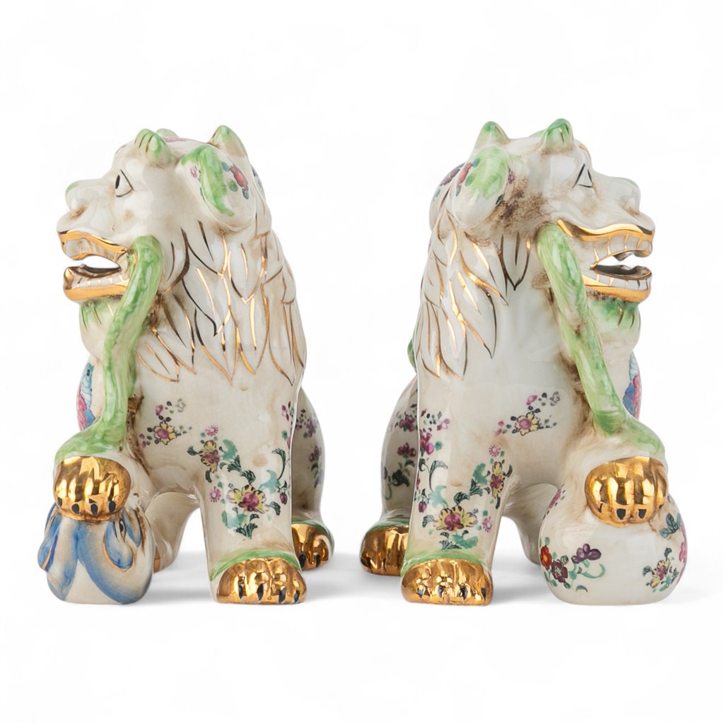 Danny's Fine Porcelain Pair of Bigger Lucky Foo Dog-Green Tobacco Leaf