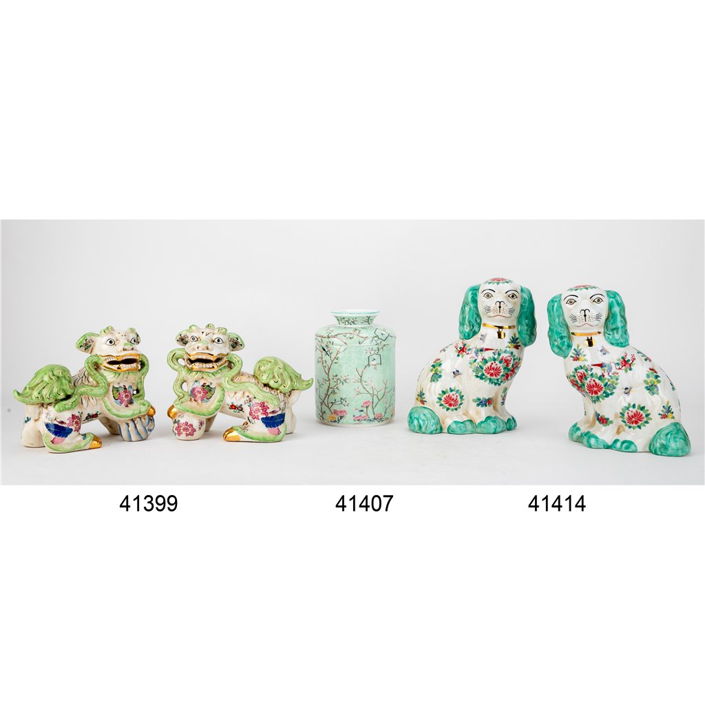 Danny's Fine Porcelain Pair of Bigger Lucky Foo Dog-Green Tobacco Leaf