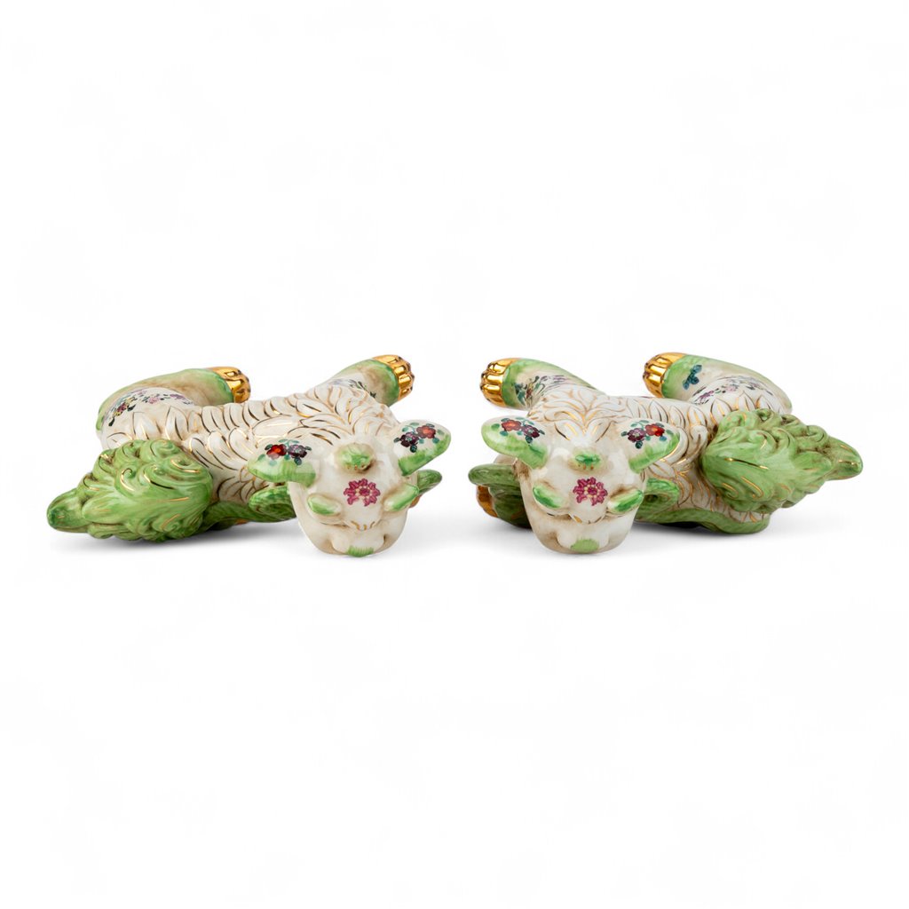 Danny's Fine Porcelain Pair of Bigger Lucky Foo Dog-Green Tobacco Leaf