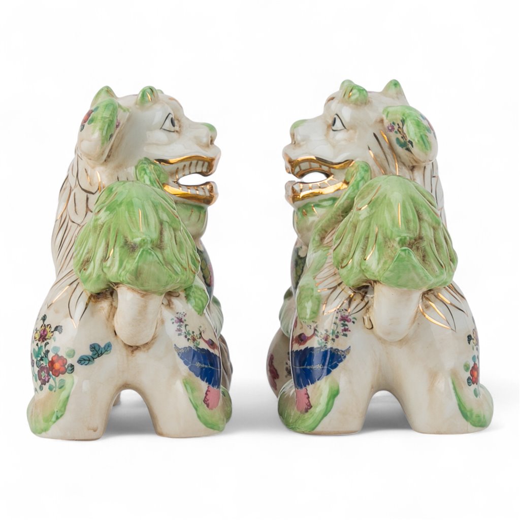 Danny's Fine Porcelain Pair of Bigger Lucky Foo Dog-Green Tobacco Leaf