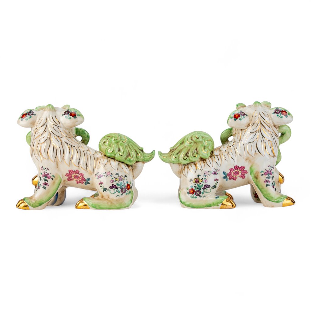 Danny's Fine Porcelain Pair of Bigger Lucky Foo Dog-Green Tobacco Leaf