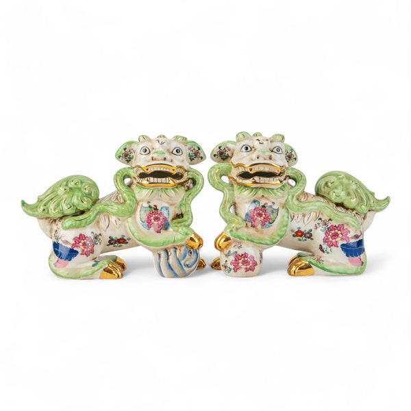 Danny's Fine Porcelain Pair of Bigger Lucky Foo Dog-Green Tobacco Leaf