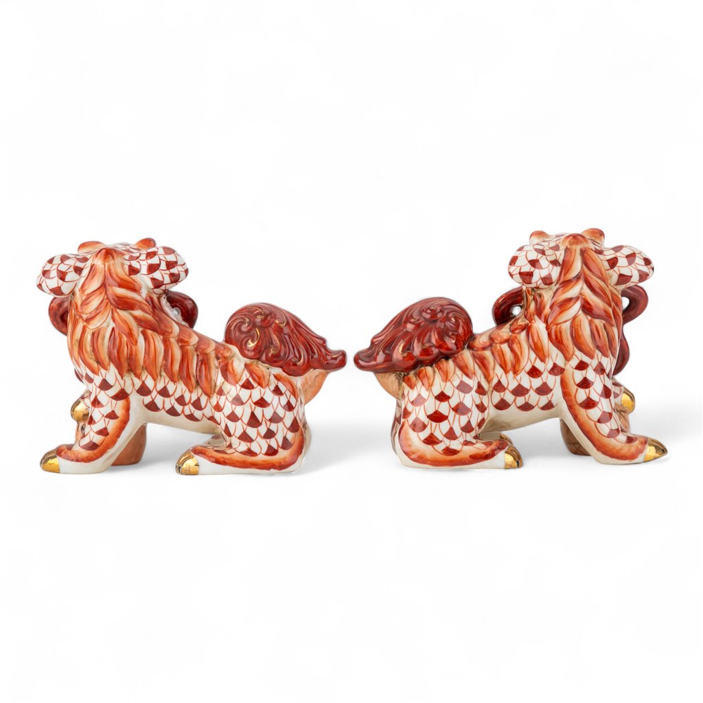 Danny's Fine Porcelain Smaller Pair of Lucky Foo Dog-Vermillion Waves