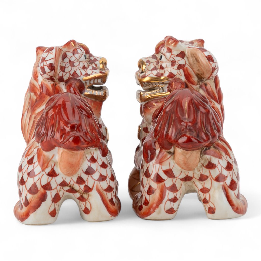 Danny's Fine Porcelain Smaller Pair of Lucky Foo Dog-Vermillion Waves