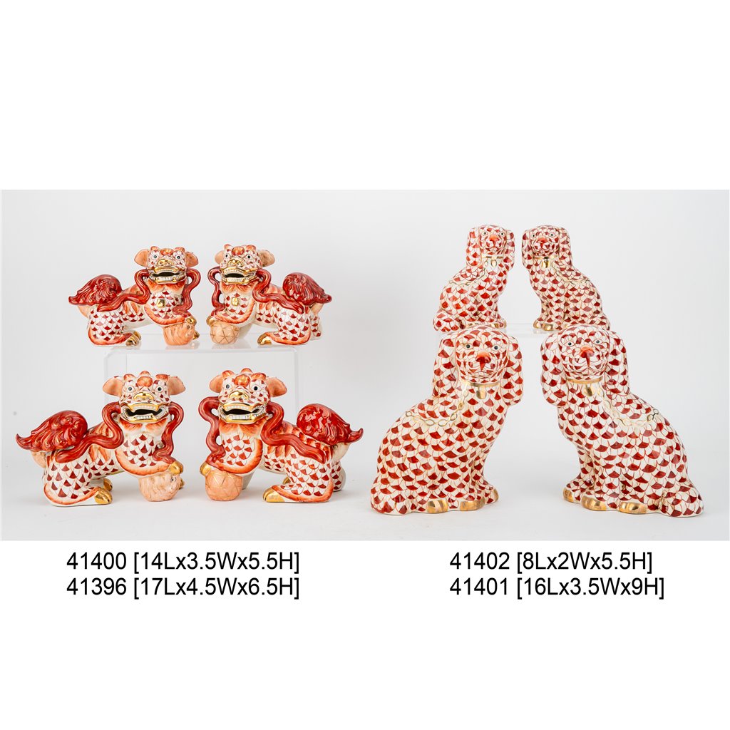 Danny's Fine Porcelain Smaller Pair of Lucky Foo Dog-Vermillion Waves