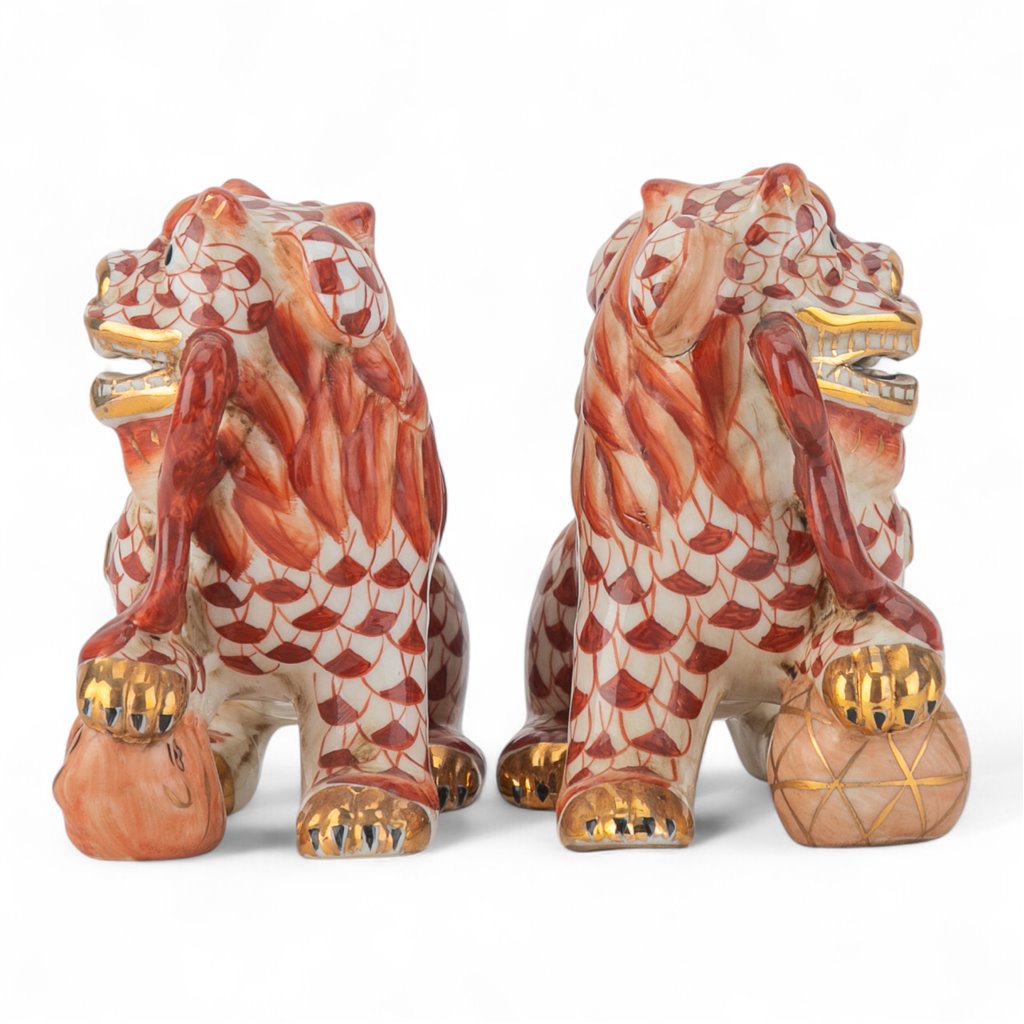 Danny's Fine Porcelain Smaller Pair of Lucky Foo Dog-Vermillion Waves