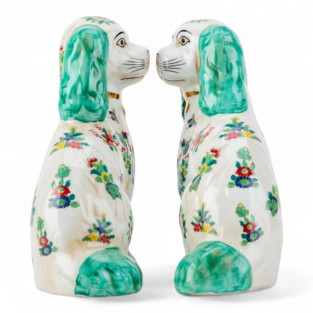 Danny's Fine Porcelain Staffordshire Dogs- Green Rose Medallion - Pair